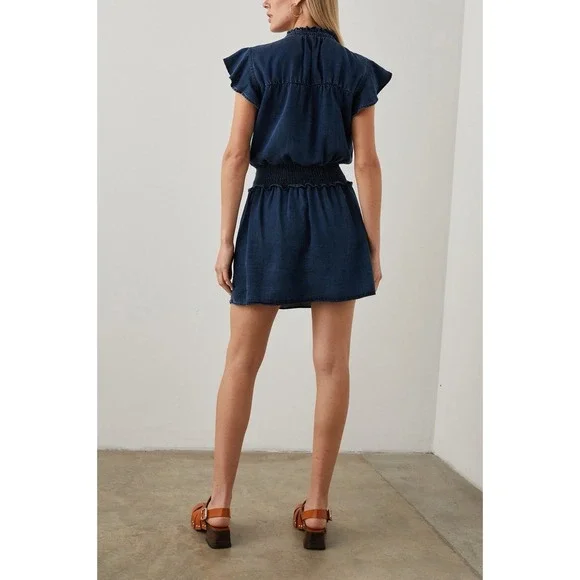 Rails Amina Denim Mini Dress Tencel Dark Wash Smocked Waist L NWOT. Retail $210 - Picture 6 of 11